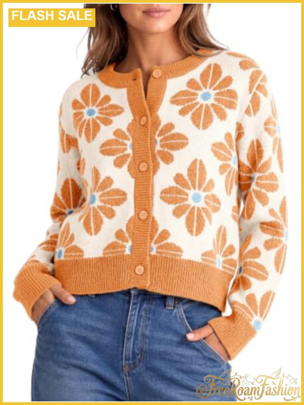 Chunky Knit Floral Button Up Cardigan Crewneck Fall Layering Sweater